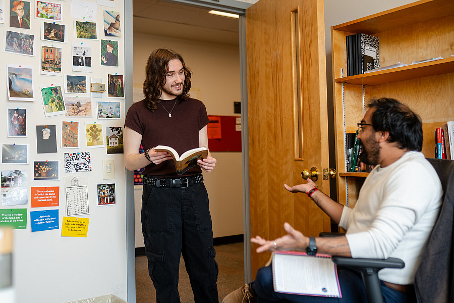 English professor, Jay Shelat and student discuss upcoming research.