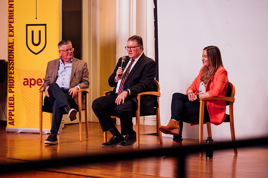 The Sport and Humanity APEX Hub hosts and Alumni Panel session with Gary McAneney '89, Jay DeFruscio '82, Katie Morello '08, and Charles Odg