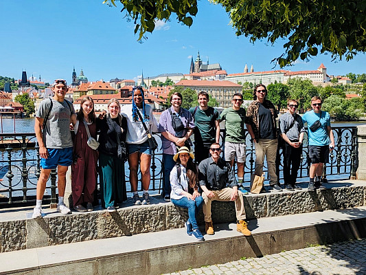 APEX Economies in Transition: Ursinus students and faculty with the Prague Castle in the background.