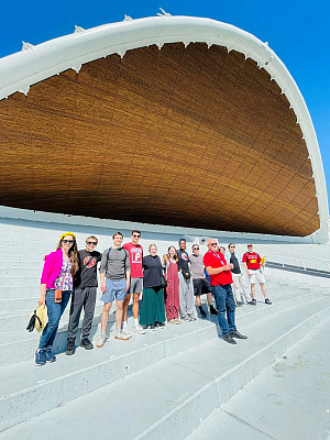 APEX Economies in Transition Study Abroad: Students reviewing a table screen at the museum of the Singing Revolution in Tallinn, Estonia.