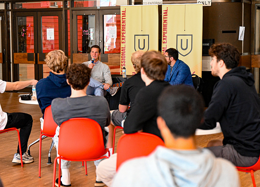 Students listen to Dennis Stanton '04, Founder of Every Level Basketball and Athletic Director at Souderton Area High School