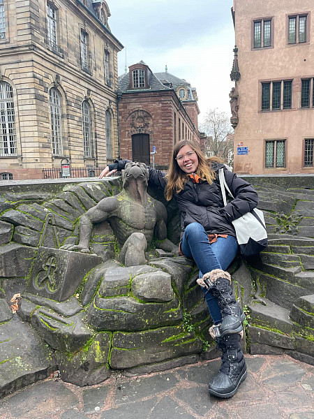 Grace Maccarelli '26 and her first friend in Strasbourg, France. Bonus: no language barrier.